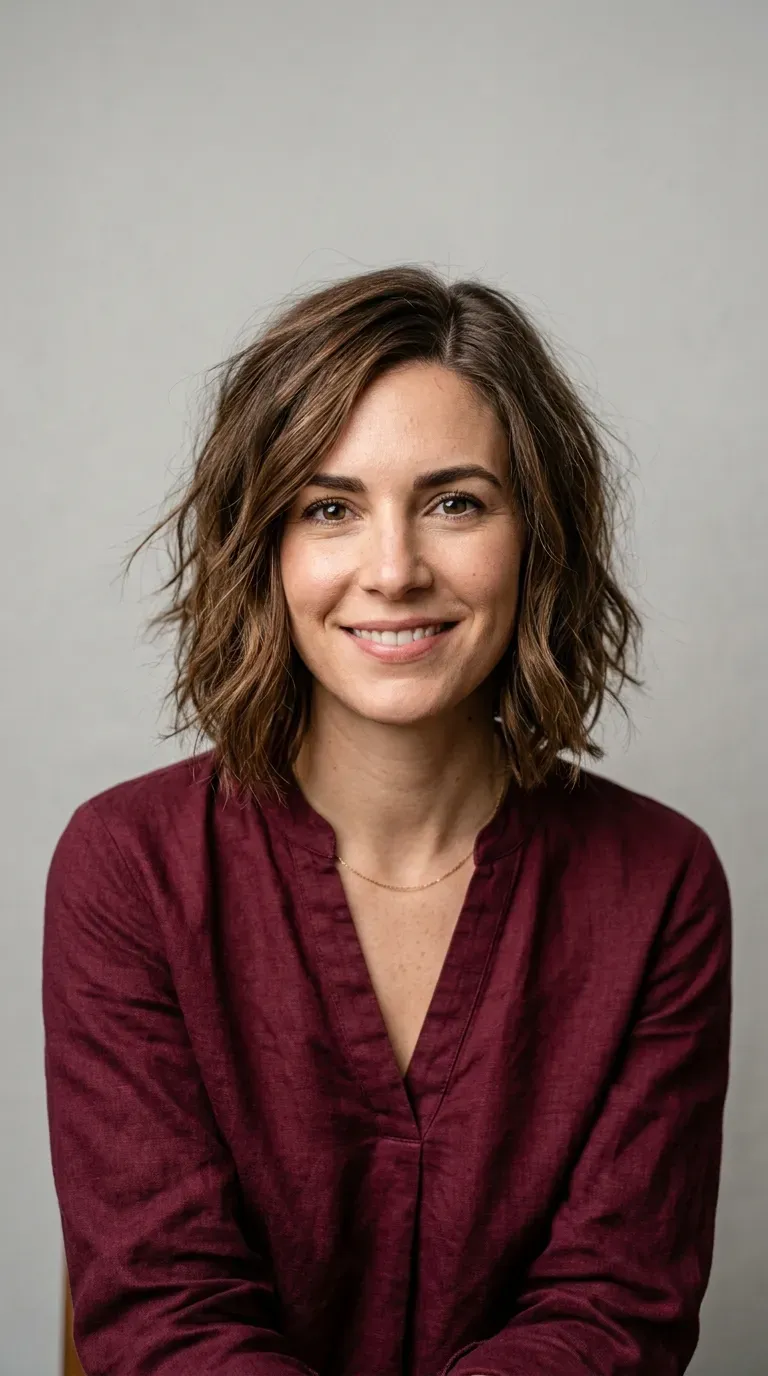 Woman with a messy bob styled with a soft side part