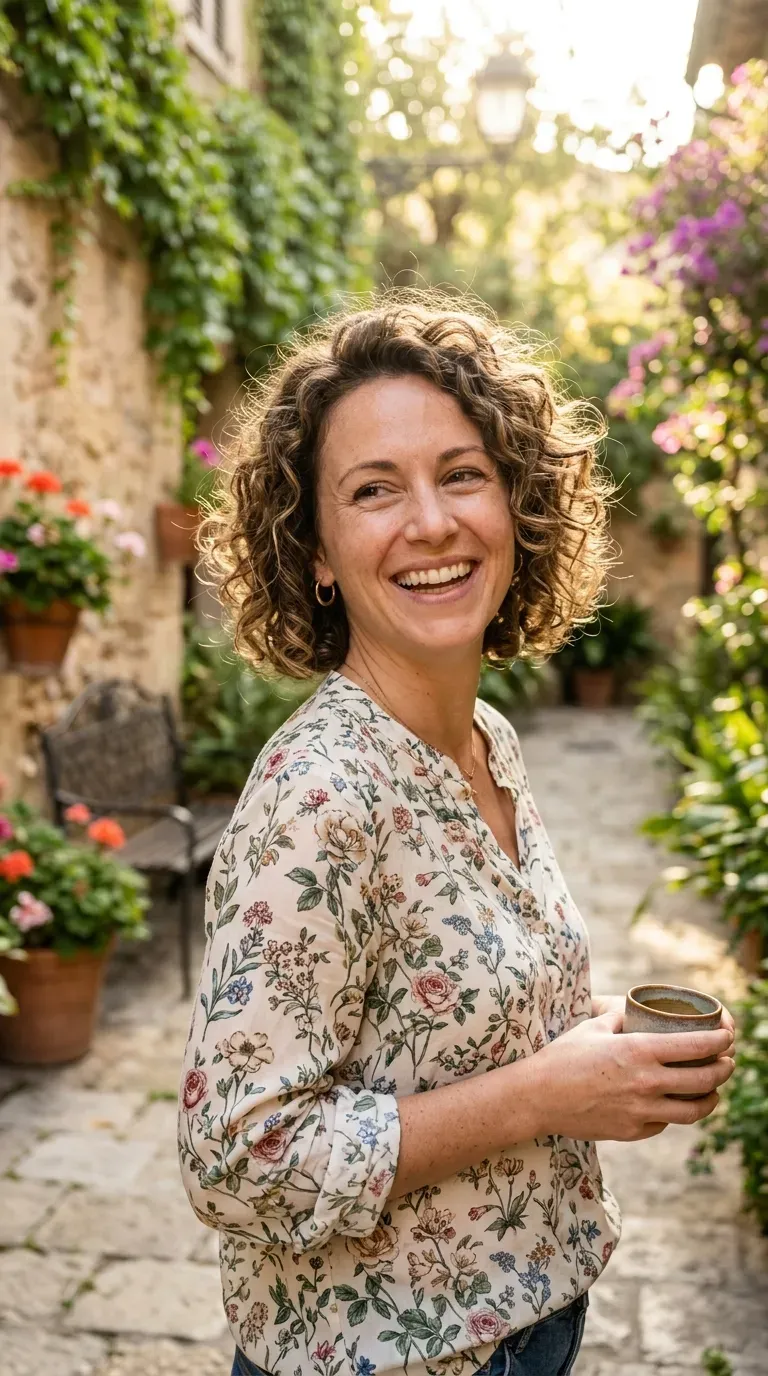 Woman with a messy bob styled with soft defined curls throughout