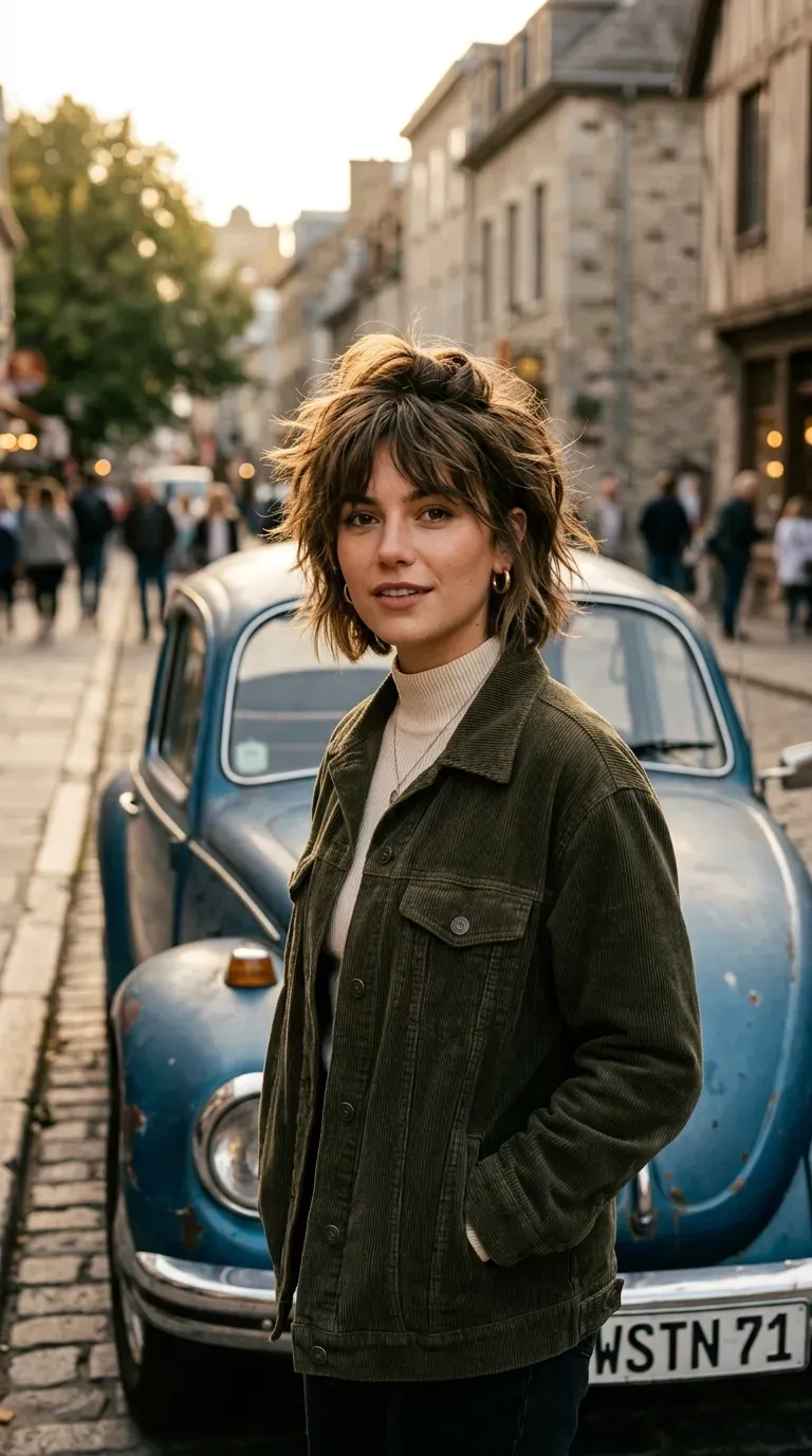 Woman with a messy bob featuring heavily textured layers concentrated at the crown