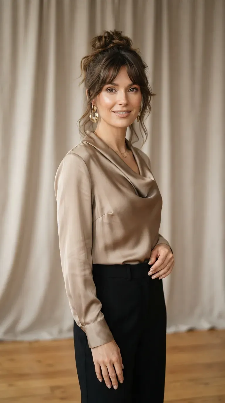 Woman with a soft messy top knot and choppy face-framing pieces left loose