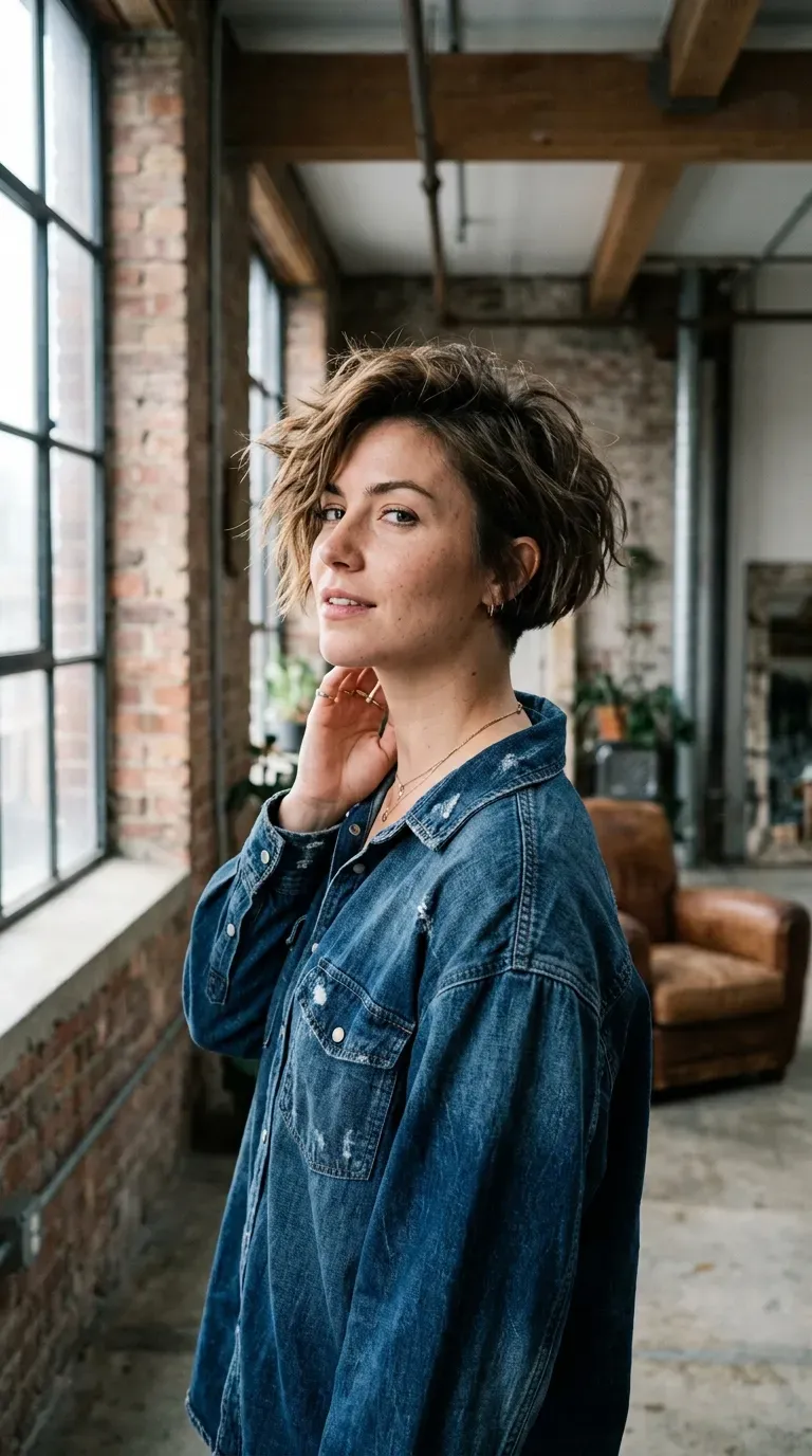 Woman with a messy bob featuring a subtle undercut at the nape