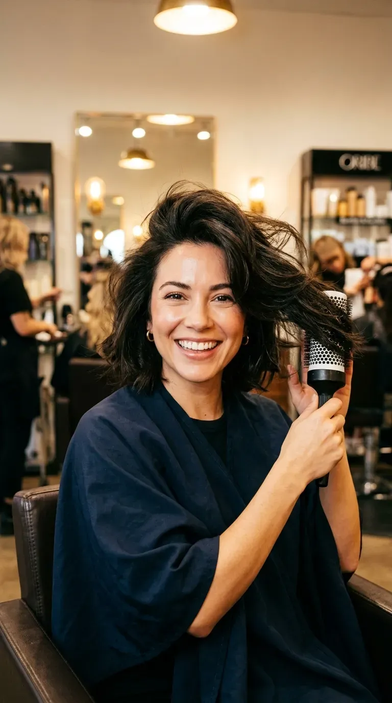 Woman with a messy bob styled into a full voluminous blowout with tousled finish