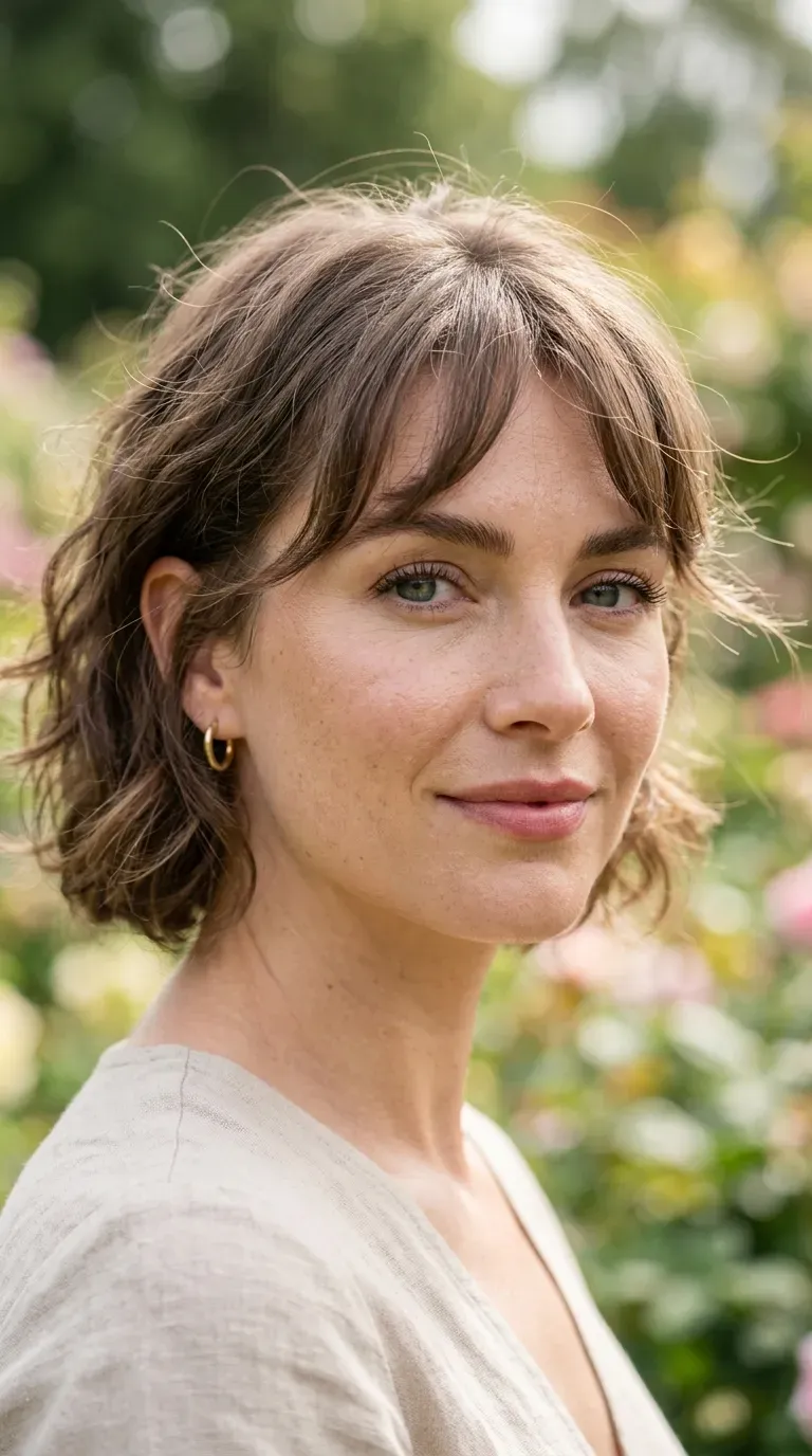 Close-up of woman with a messy bob and wispy bangs softly framing her forehead