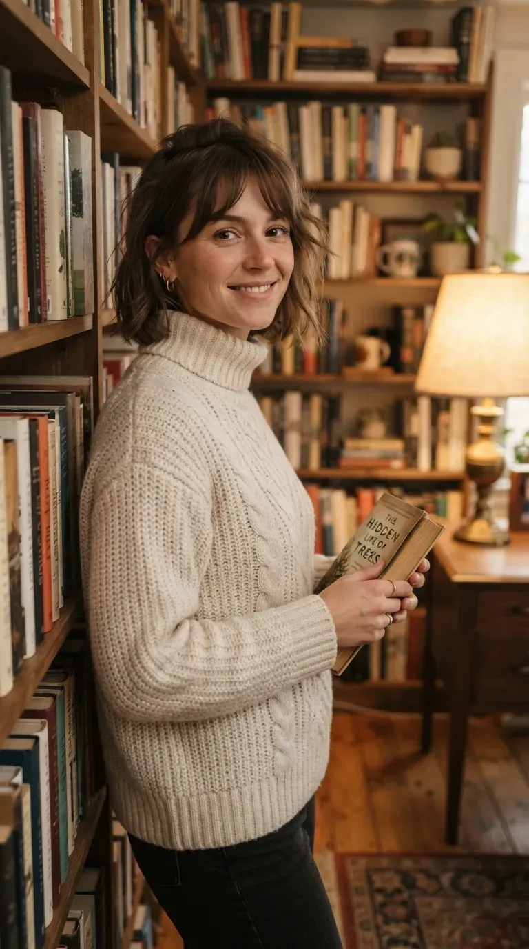 Woman with a messy bob and soft wispy side-swept bangs