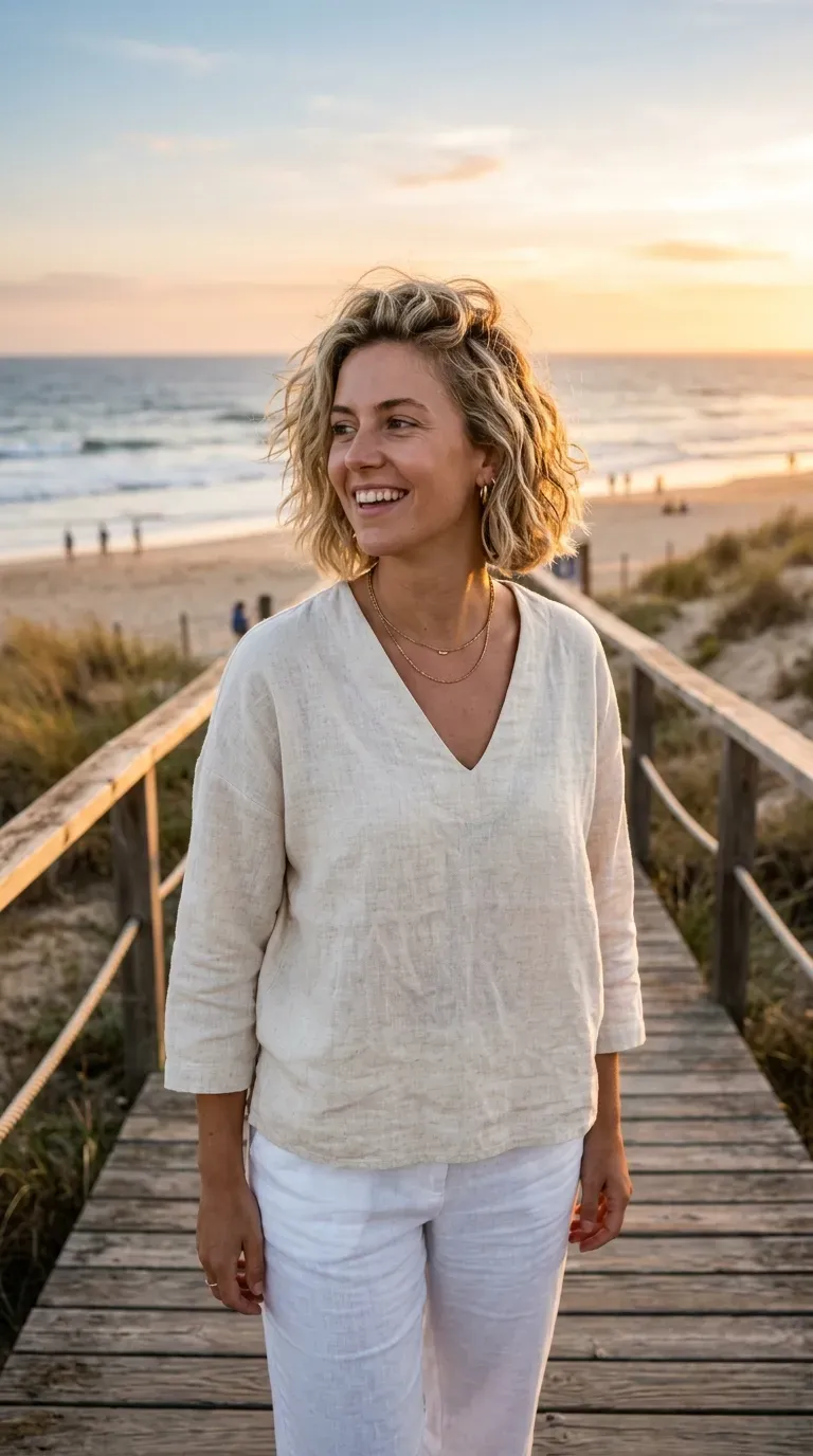 Woman with a messy crop styled with soft beachy waves