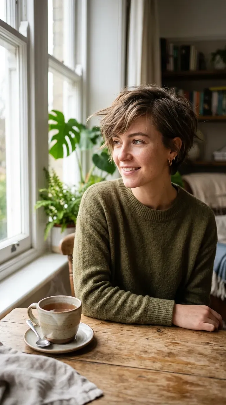 Woman with a short messy crop and swept side fringe
