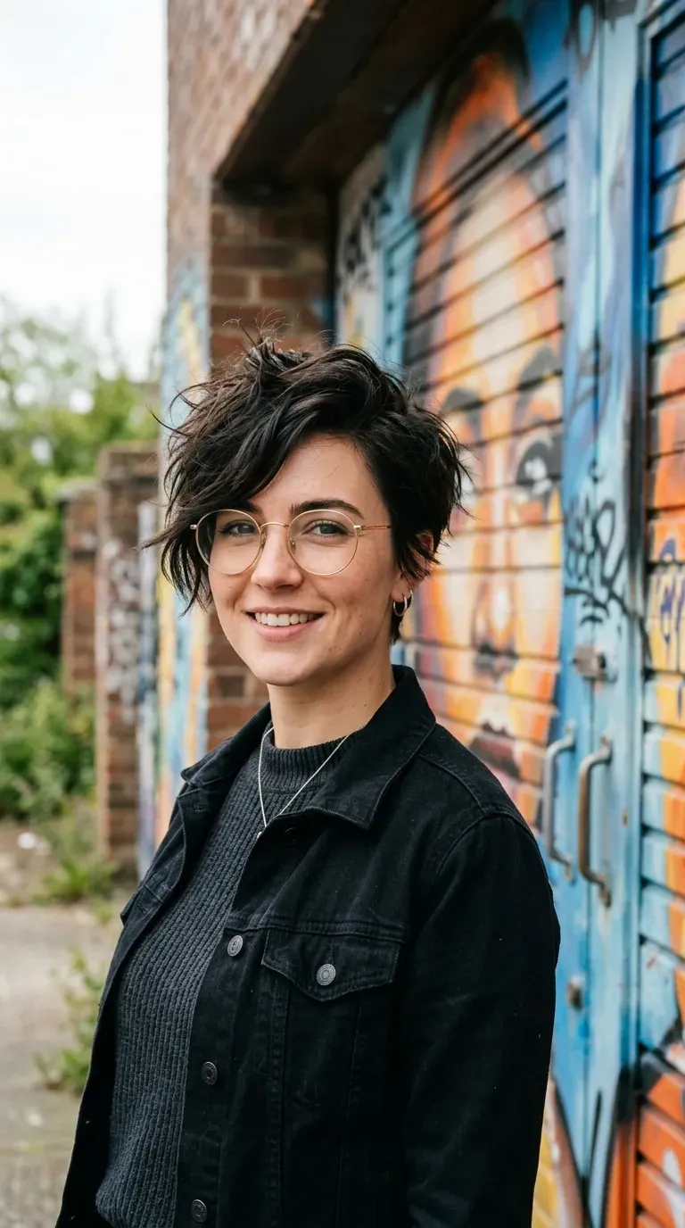 Woman with a messy pixie cut styled with a deep side part