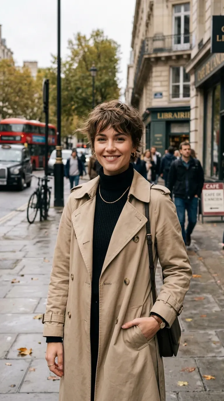 Woman with a messy pixie featuring soft feathered layers throughout