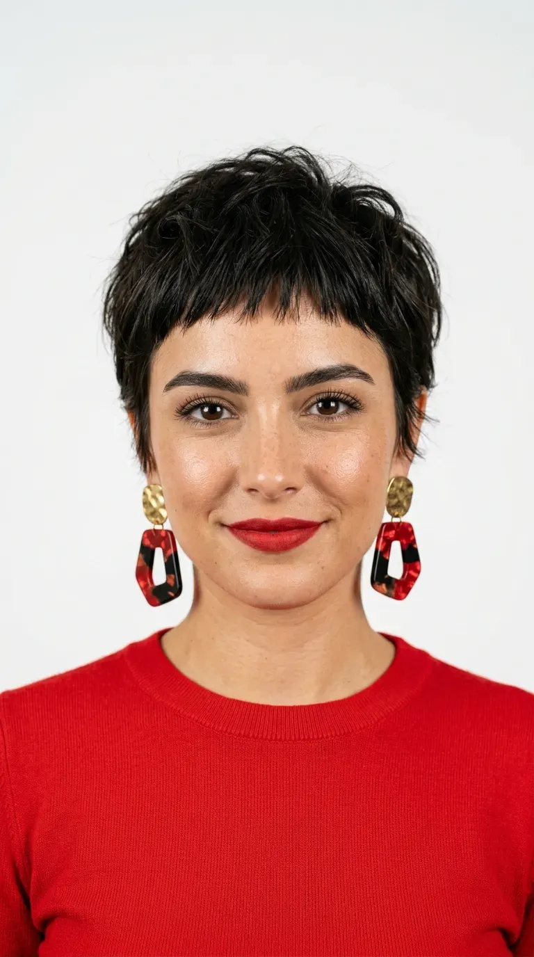 Woman with a messy pixie and short micro bangs above the eyebrows