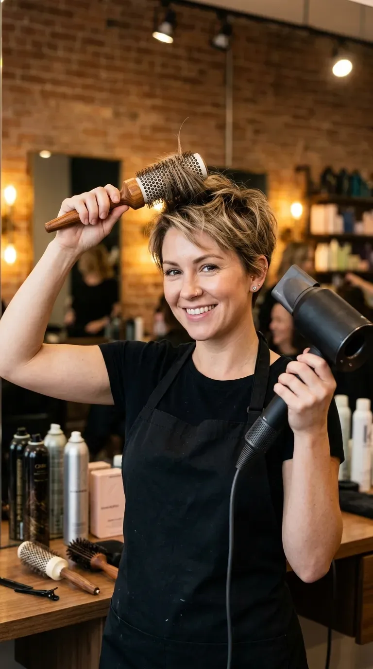 Woman with a messy pixie cut showing strong lift at the roots