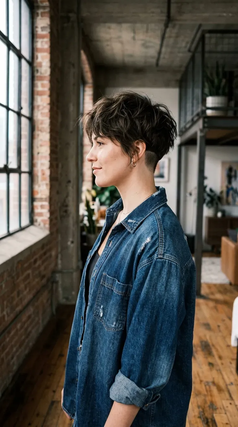 Woman with a messy pixie cut featuring a subtle undercut at the nape