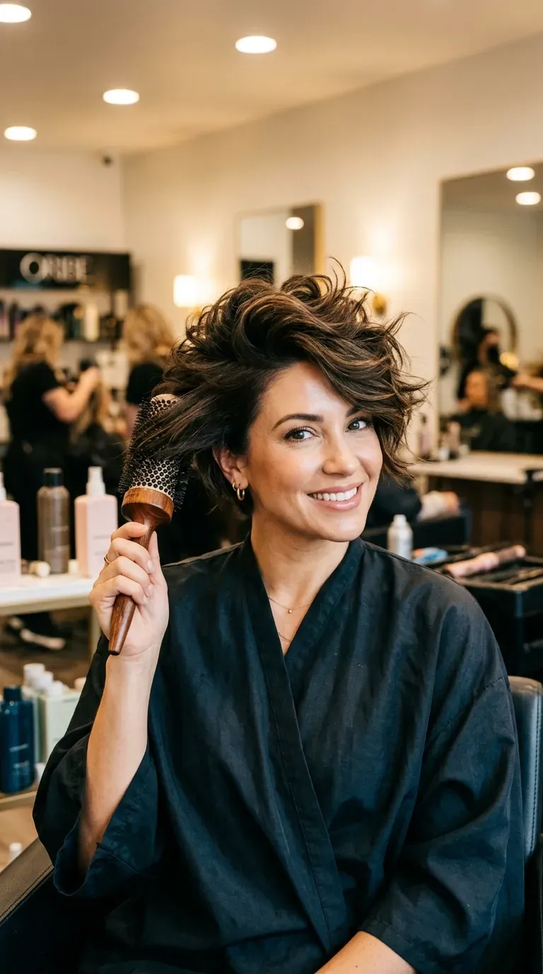 Woman with a messy pixie styled into a full voluminous blowout