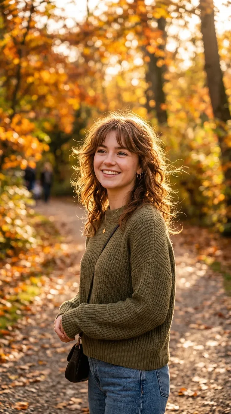 Woman with a messy shag haircut and soft curtain bangs