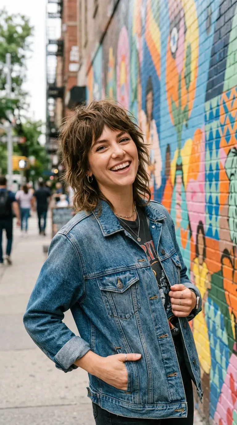 Woman with a messy shag haircut featuring choppy layers throughout