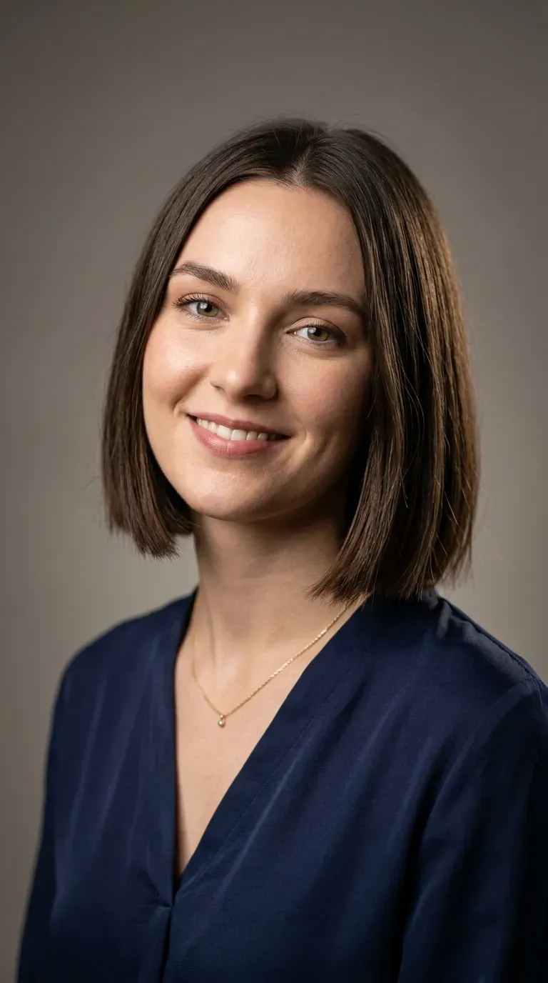 Woman with a blunt-cut chin-length bob designed to look denser at the ends