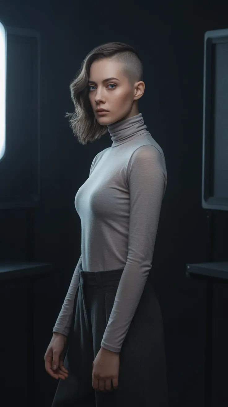 Woman with shaved sides and an asymmetric, longer-on-one-side top section