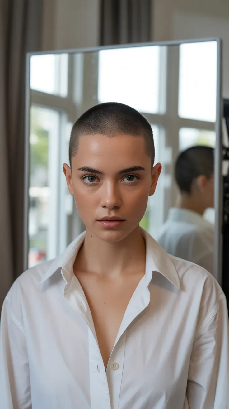 Woman with shaved sides and a symmetrical center part on top