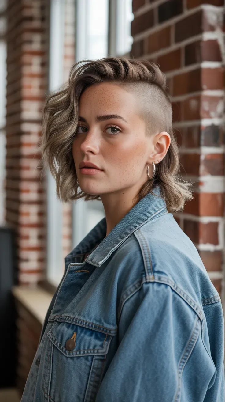 Woman with shaved sides and choppy textured layers on top