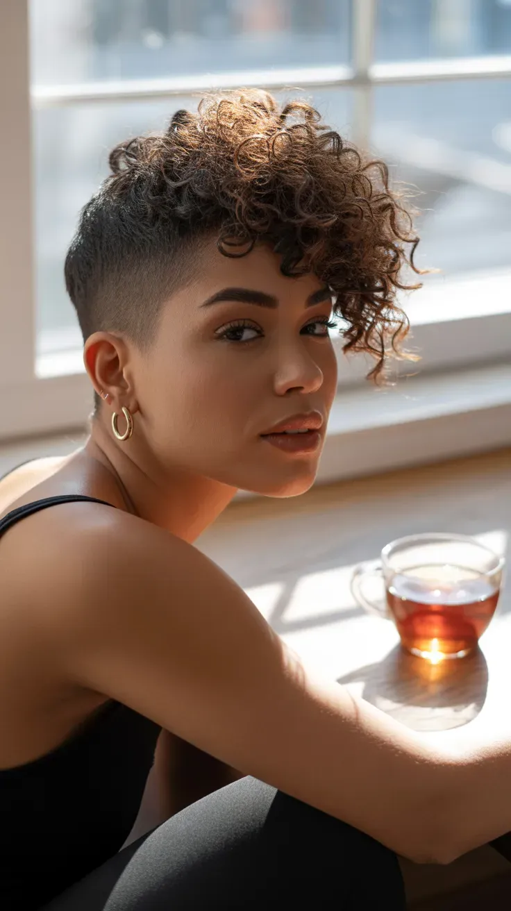 Woman with shaved sides and natural curly texture left full on top