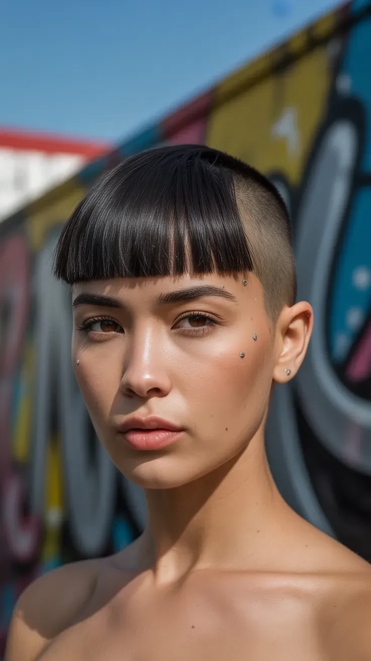 Woman with shaved sides and a bold blunt fringe across the forehead