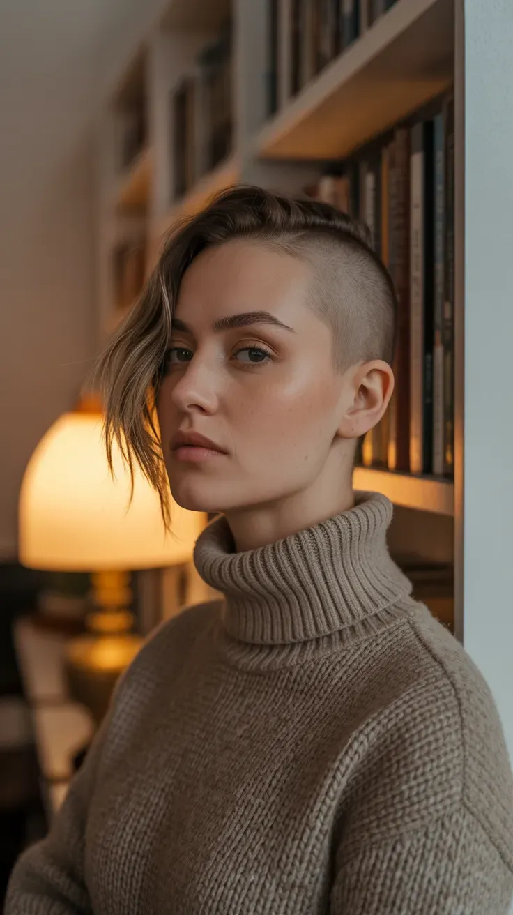 Woman with shaved sides and a longer, sweeping fringe across the forehead