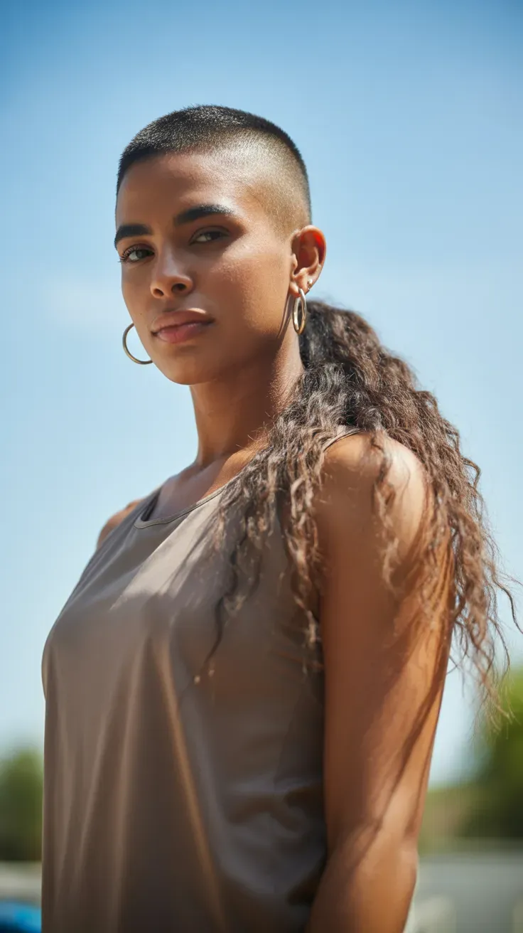 Woman with shaved sides and a noticeably longer, styled top section