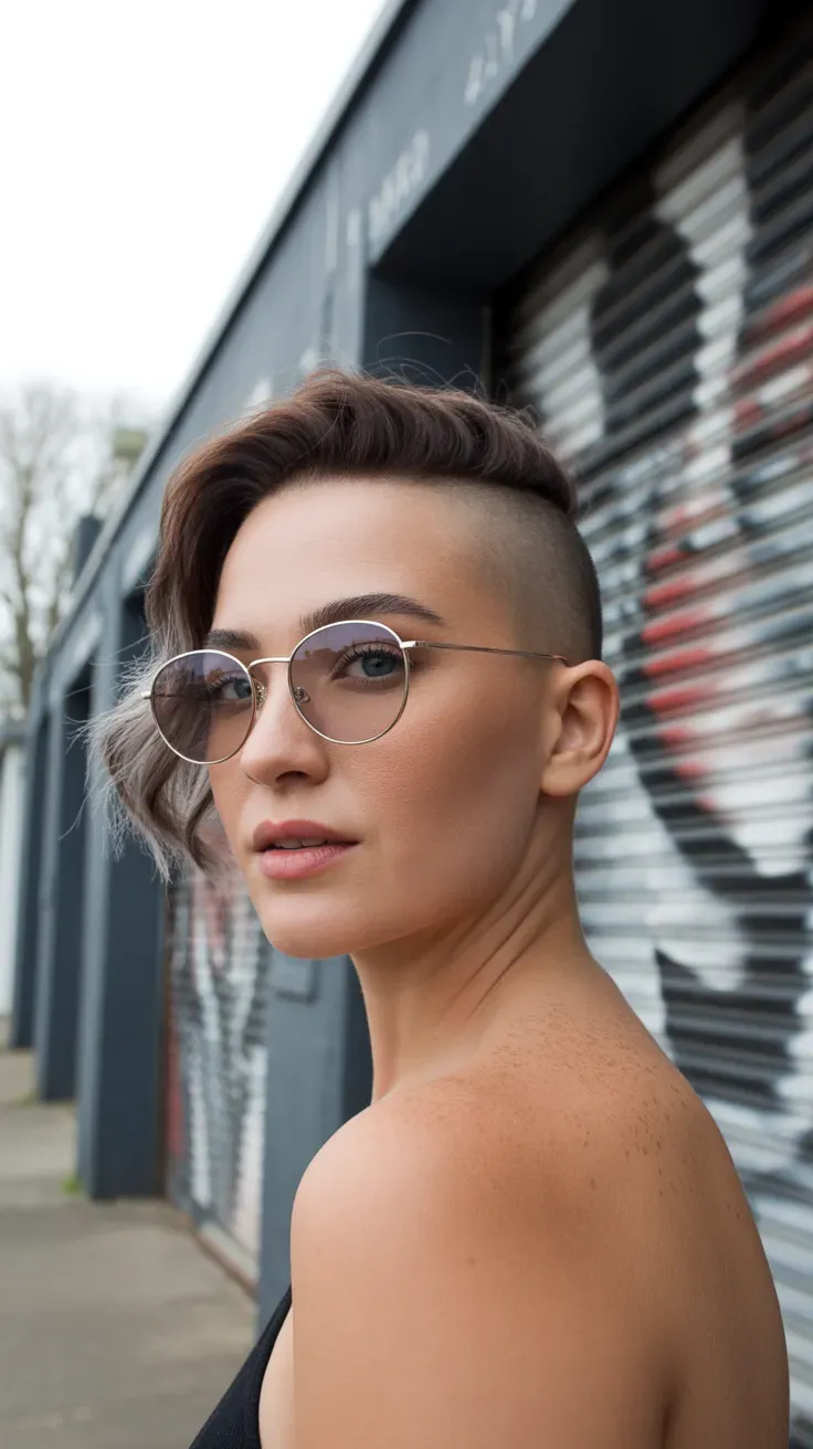 Woman with shaved sides and a deep side part on top