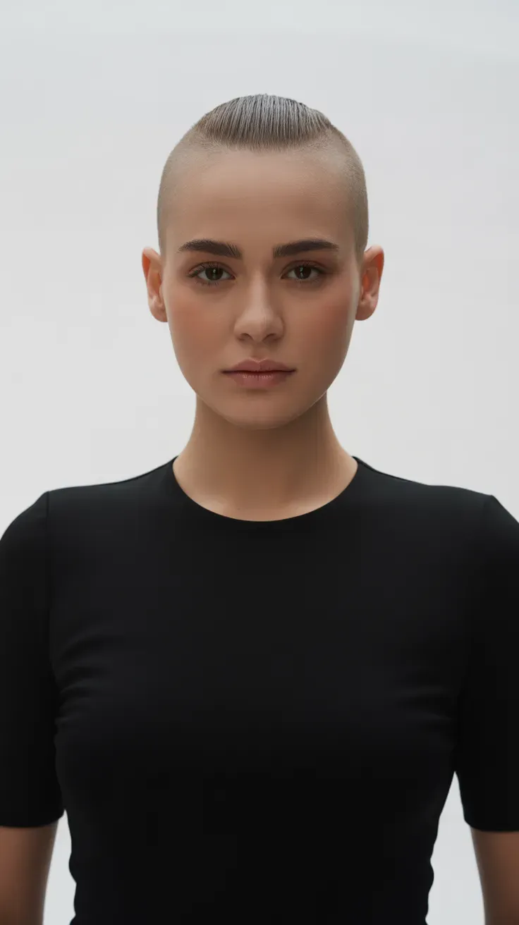 Woman with shaved sides and a sleek slicked-back top section