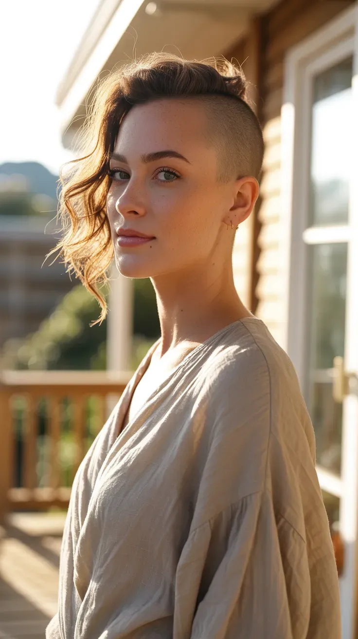 Woman with shaved sides and soft loose waves on top