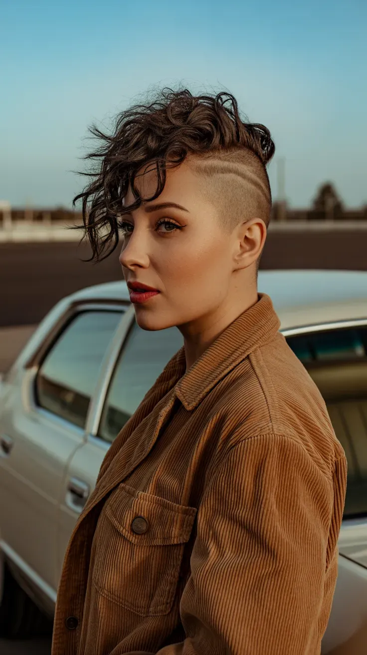Woman with shaved sides and heavily textured, piecey hair at the crown