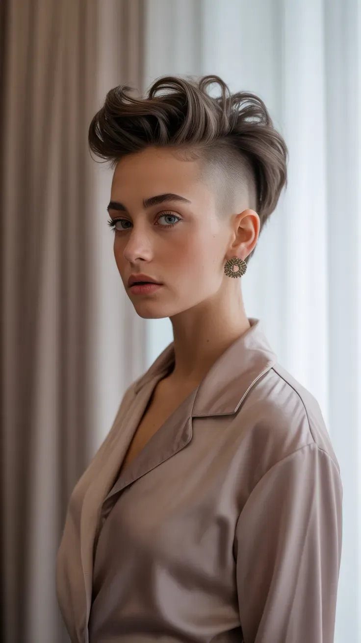 Woman with shaved sides and a piecey textured fringe