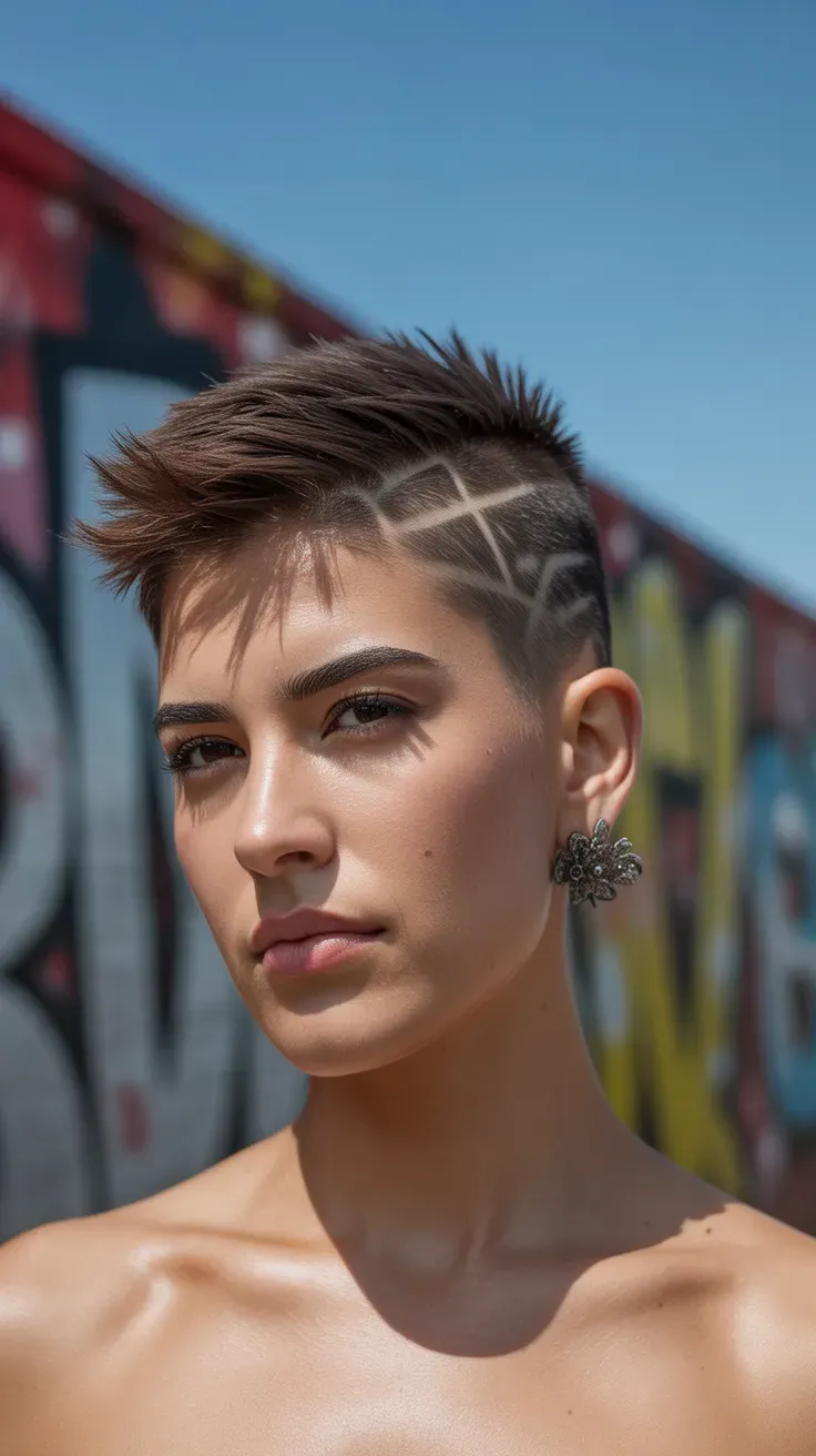 Woman with shaved sides featuring a subtle undercut pattern shaved into the hairline