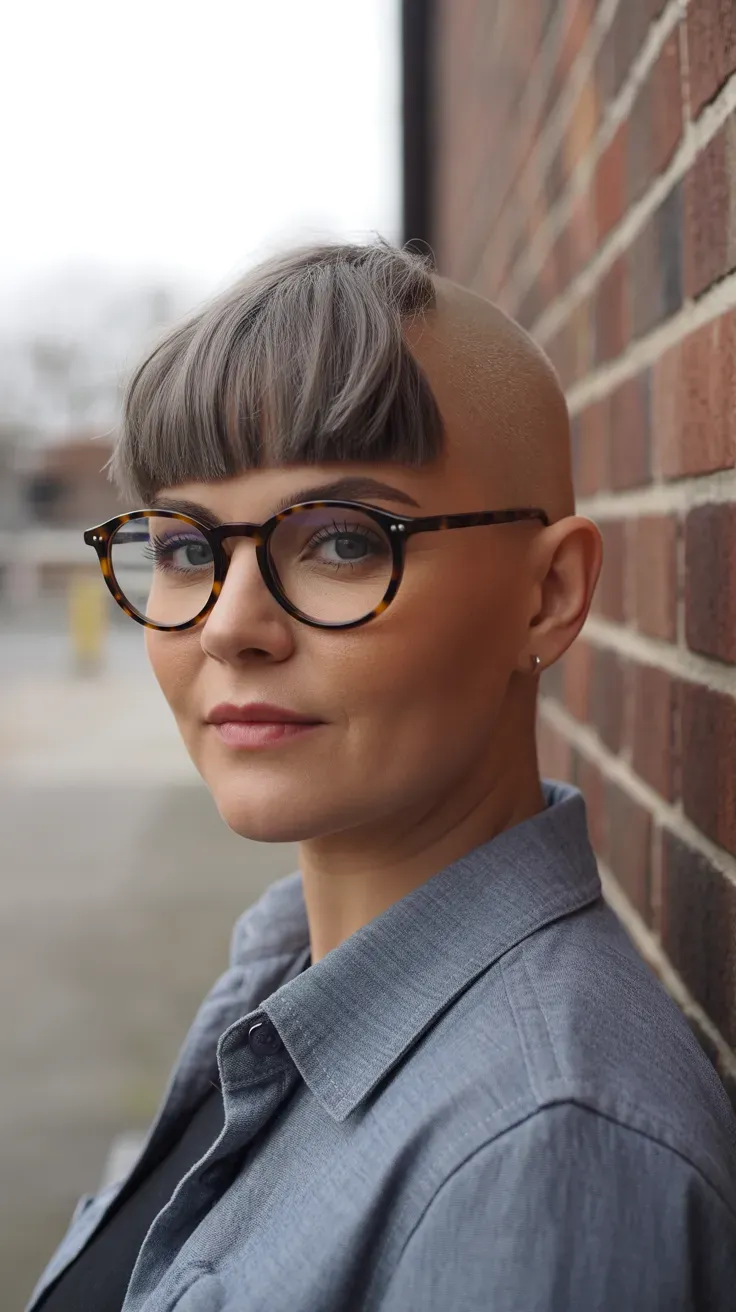 Woman with shaved sides and a voluminous quiff styled upward at the front