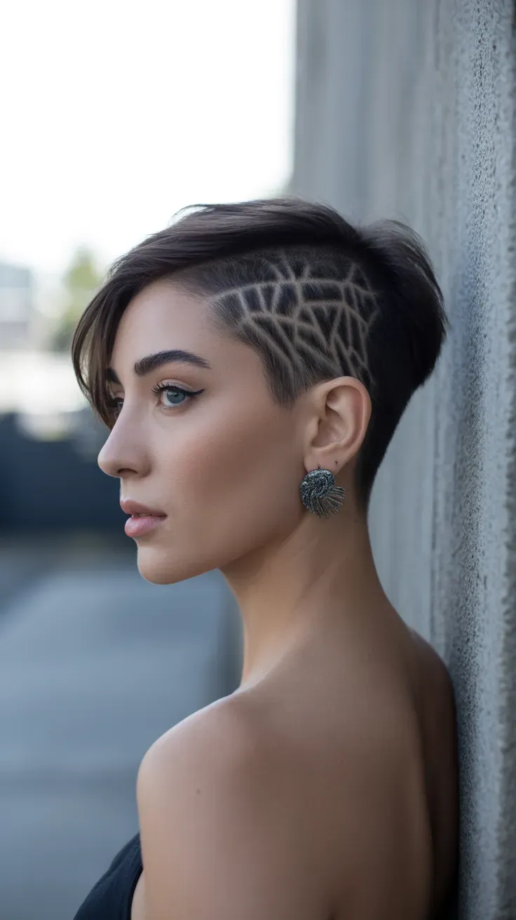 Woman with a pixie cut featuring a subtle geometric design shaved into one side