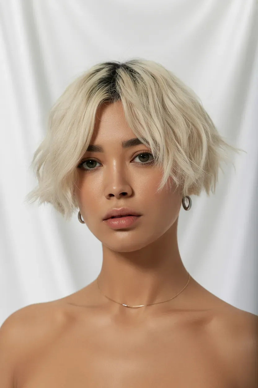 Woman with a platinum blonde choppy bob and sharp piecey texture