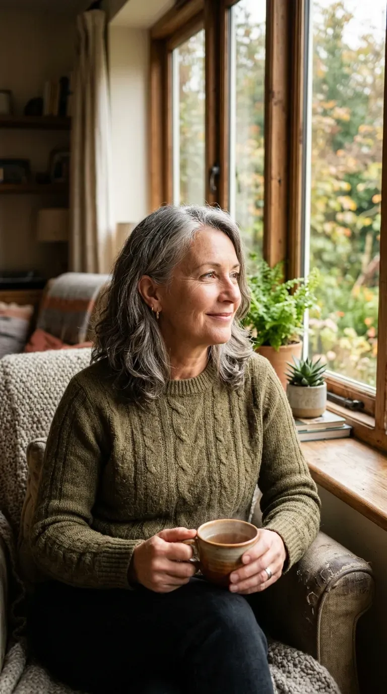 Woman with salt-and-pepper gray hair featuring subtle blended lowlights