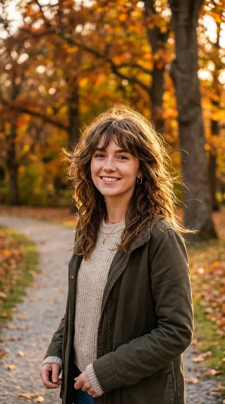 Woman with a shag haircut and soft wispy curtain bangs