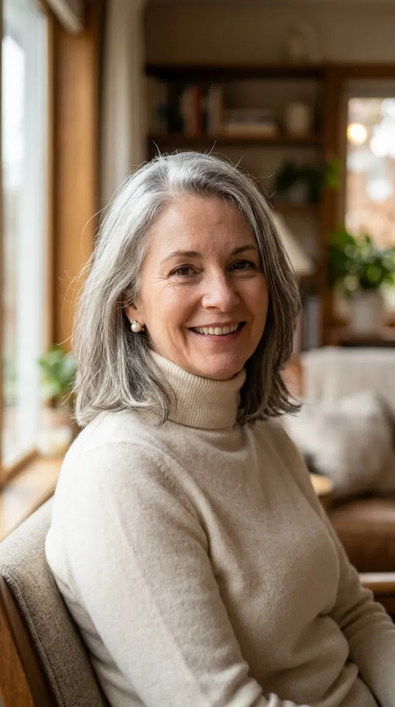 Woman with silver gray hair featuring soft, subtle dark lowlights throughout