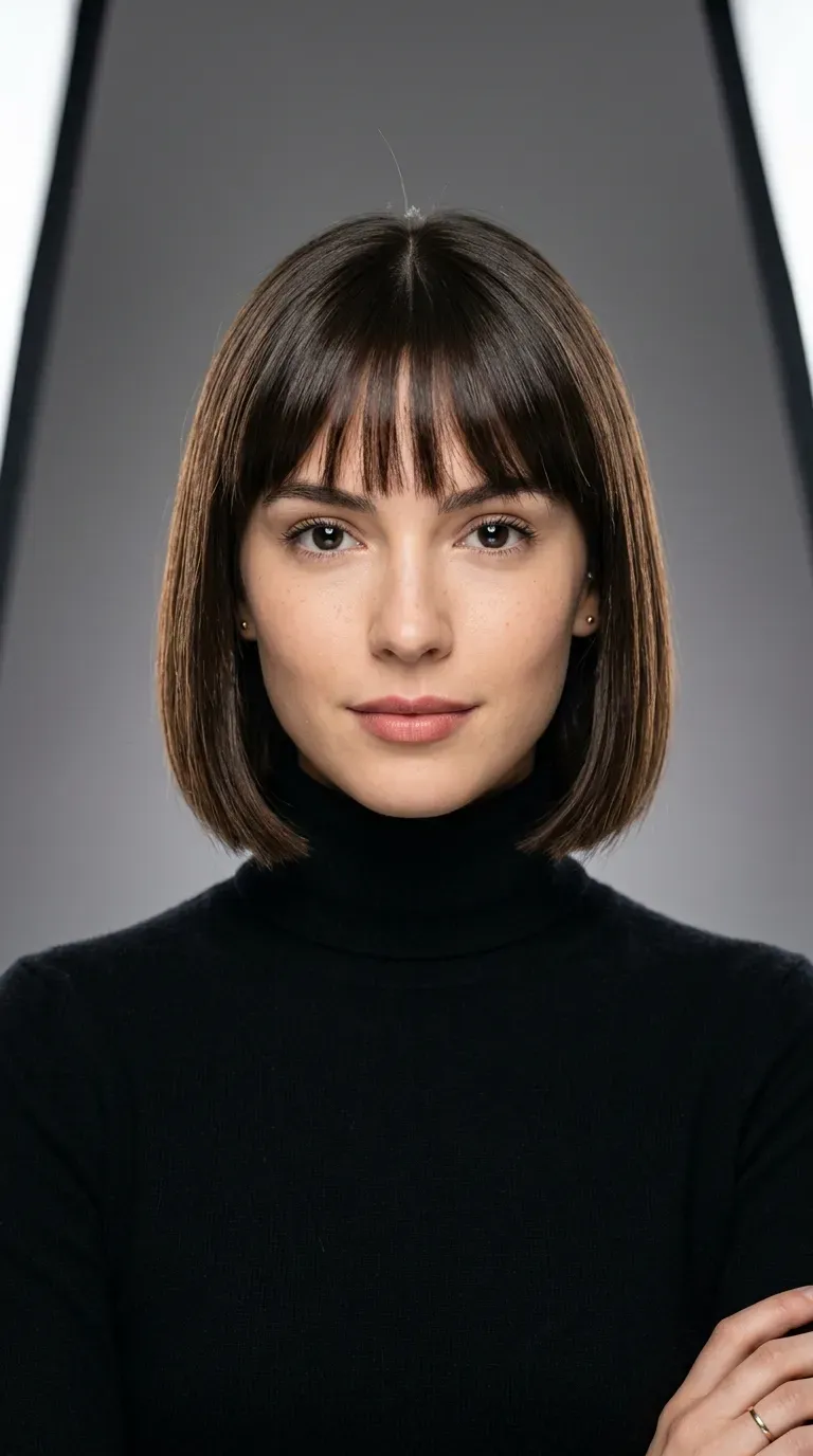 Woman with a sleek smooth chin-length bob and bangs with a glossy finish