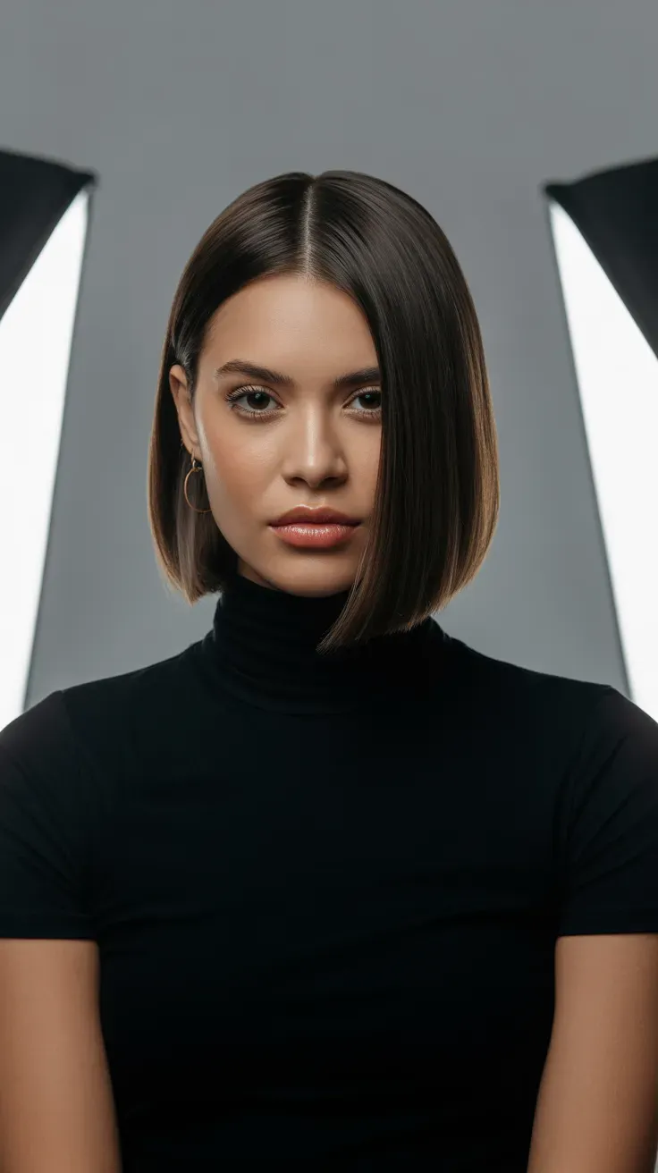 Woman with a sleek smooth chin-length bob and glossy finish