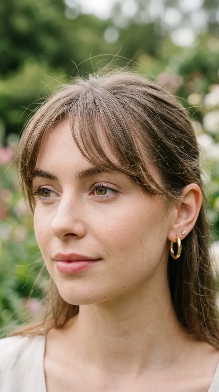 Close-up of woman with wispy side-swept fringe softly framing her forehead