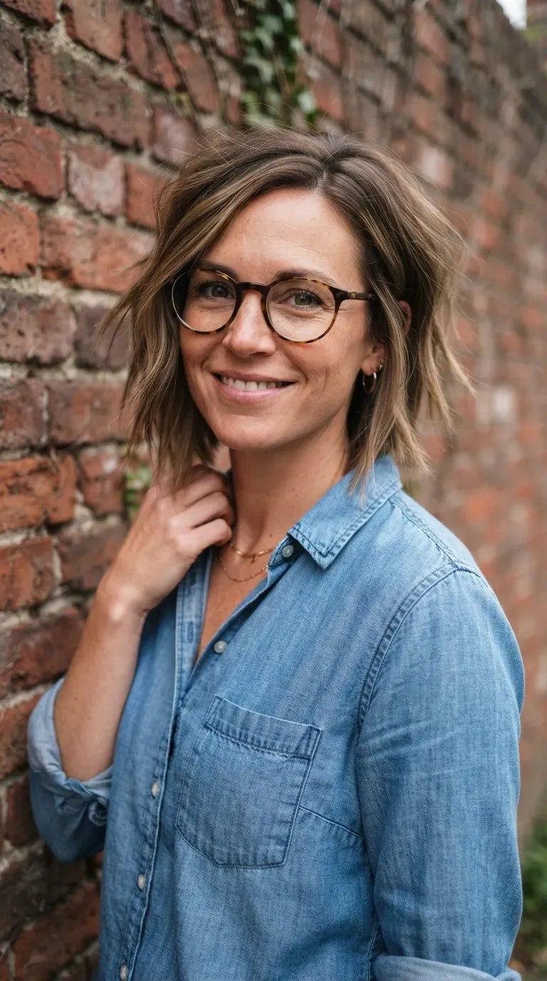 Woman with a textured angled bob featuring piecey layered ends