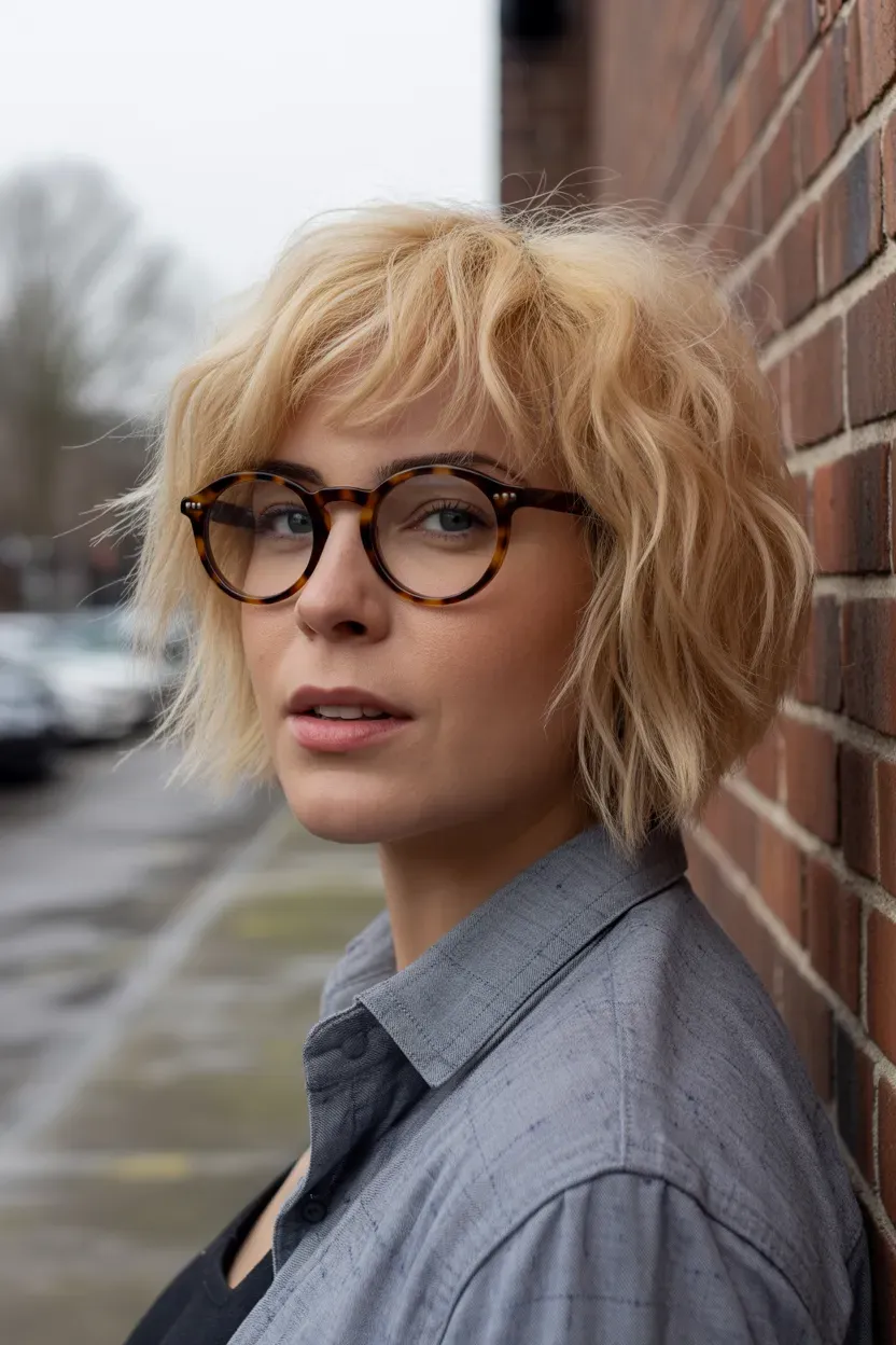 Woman with an especially textured blonde choppy bob featuring piecey layered ends