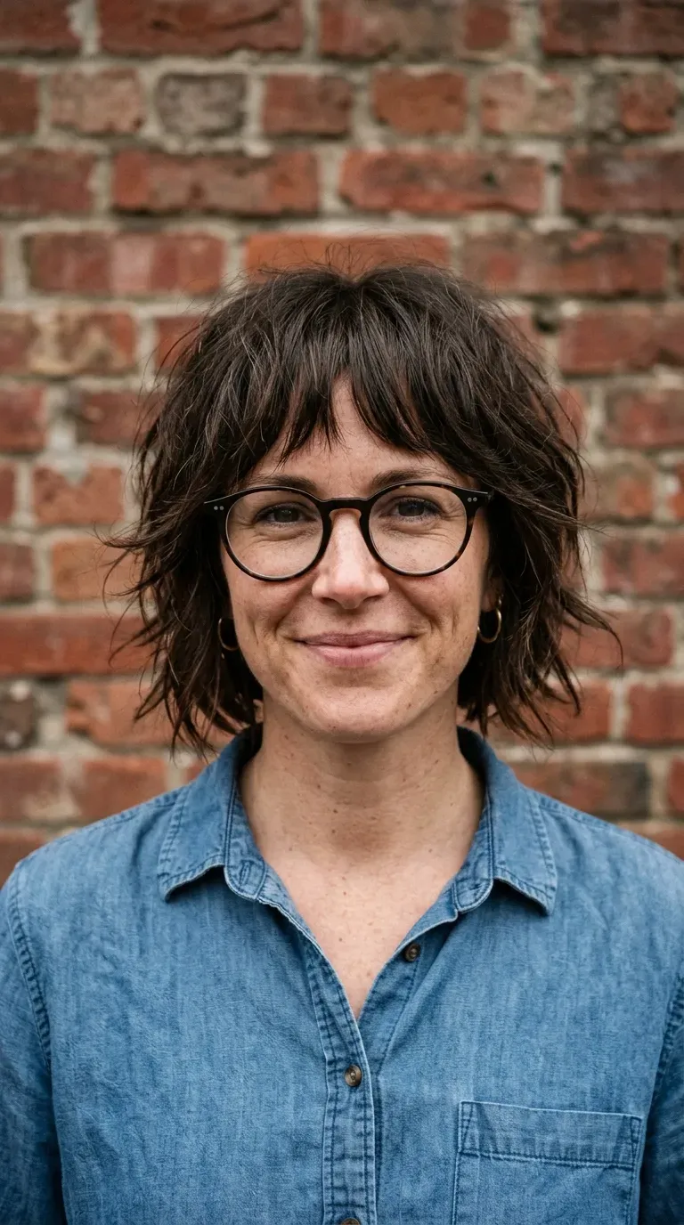 Woman with a textured chin-length bob featuring piecey layered ends and soft bangs