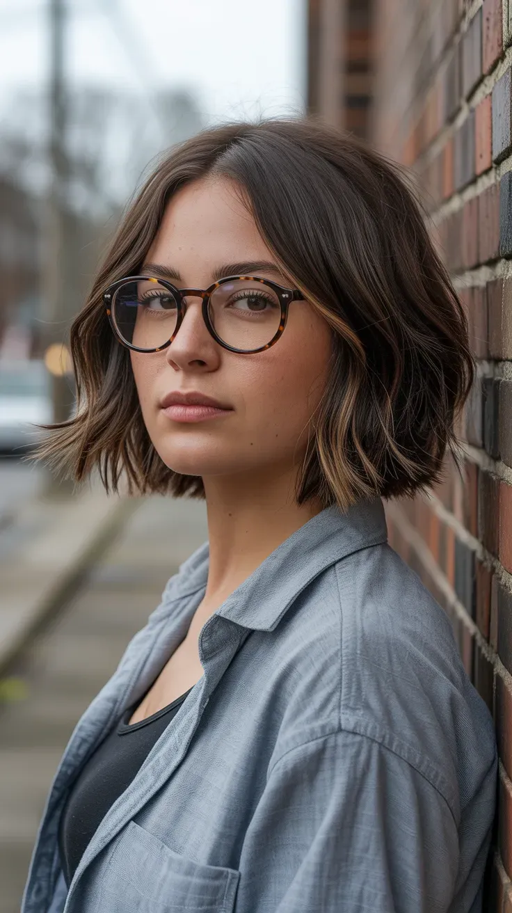 Woman with a textured chin-length crop featuring piecey layered ends