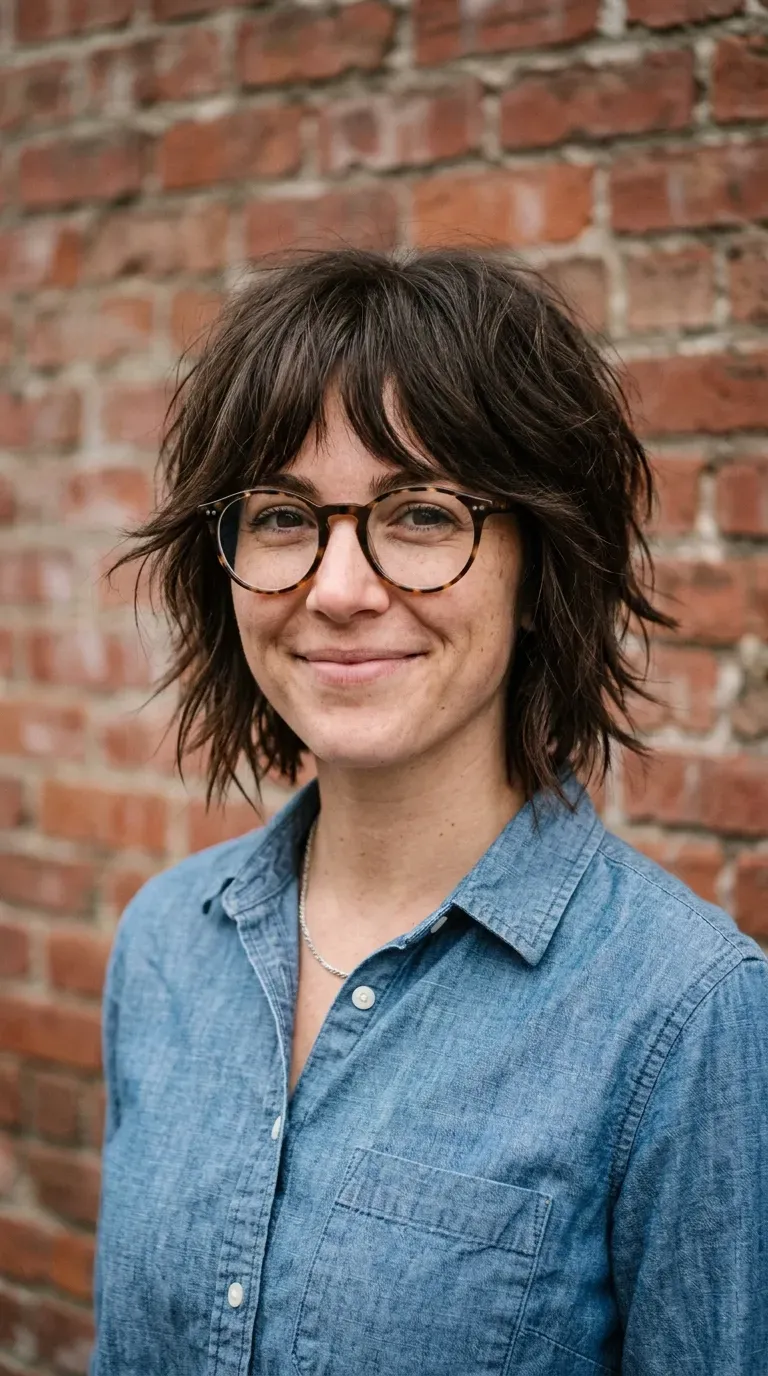 Woman with a heavily textured choppy bob featuring piecey layered ends and soft bangs