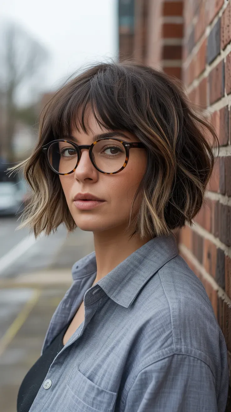 Woman with an especially textured choppy bob featuring piecey layered ends