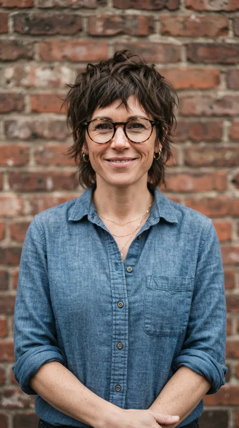 Woman with an especially textured choppy crop featuring maximum piecey definition