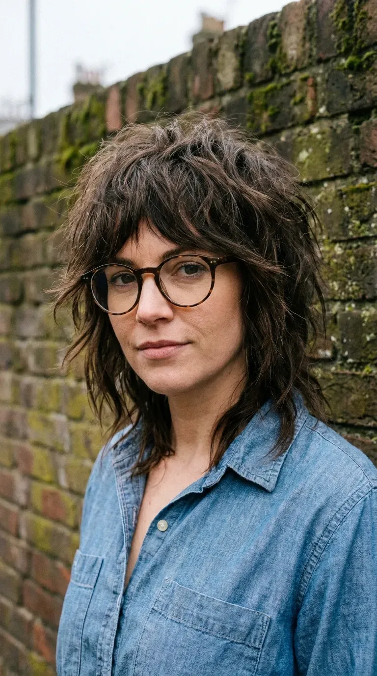 Woman with an especially textured choppy shag featuring maximum piecey definition