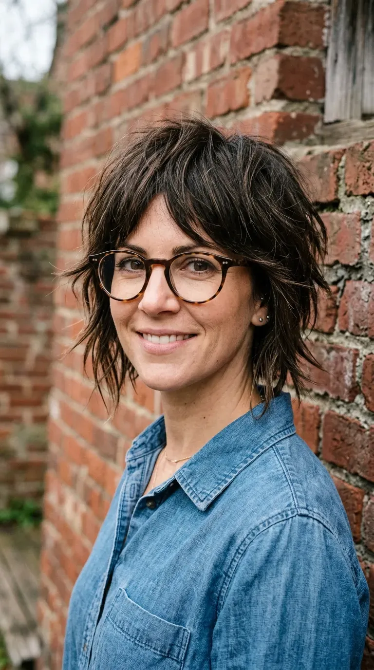 Woman with an especially textured choppy inverted bob featuring piecey layered ends